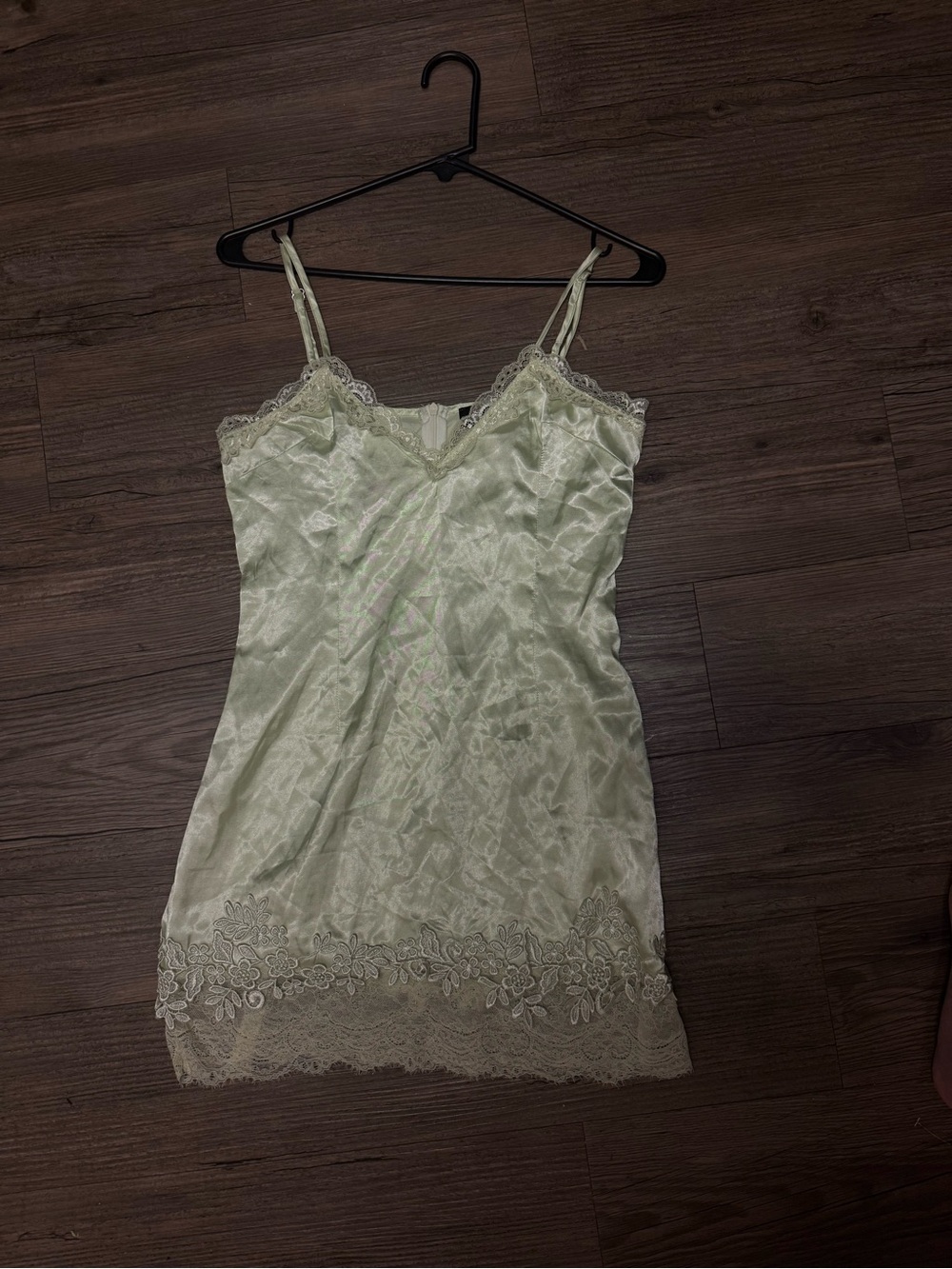 Lace-Trim Silk Slip Dress in Pale Lime Green